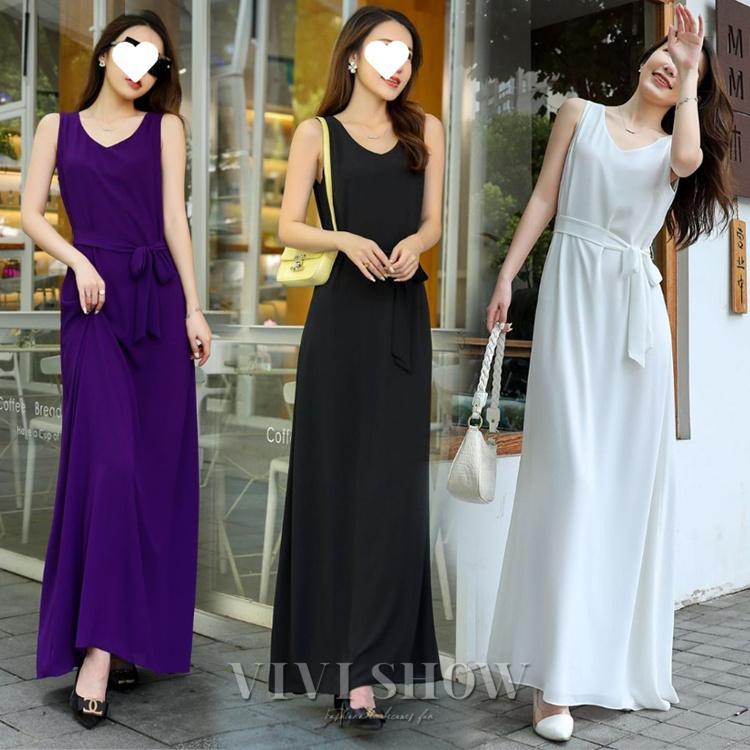 ワンピース ノースリーブ レディース 春夏 リボン付き シフォン ロング