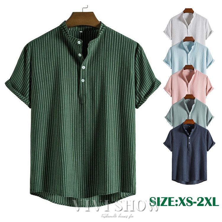 Tシャツ メンズ リネン ストライプ リネンシャツ 半袖 夏 男性用