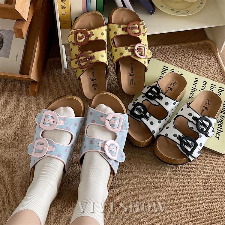 厚底 歩きやすい コンフォートサンダル ぺたんこ サンダル ドット柄