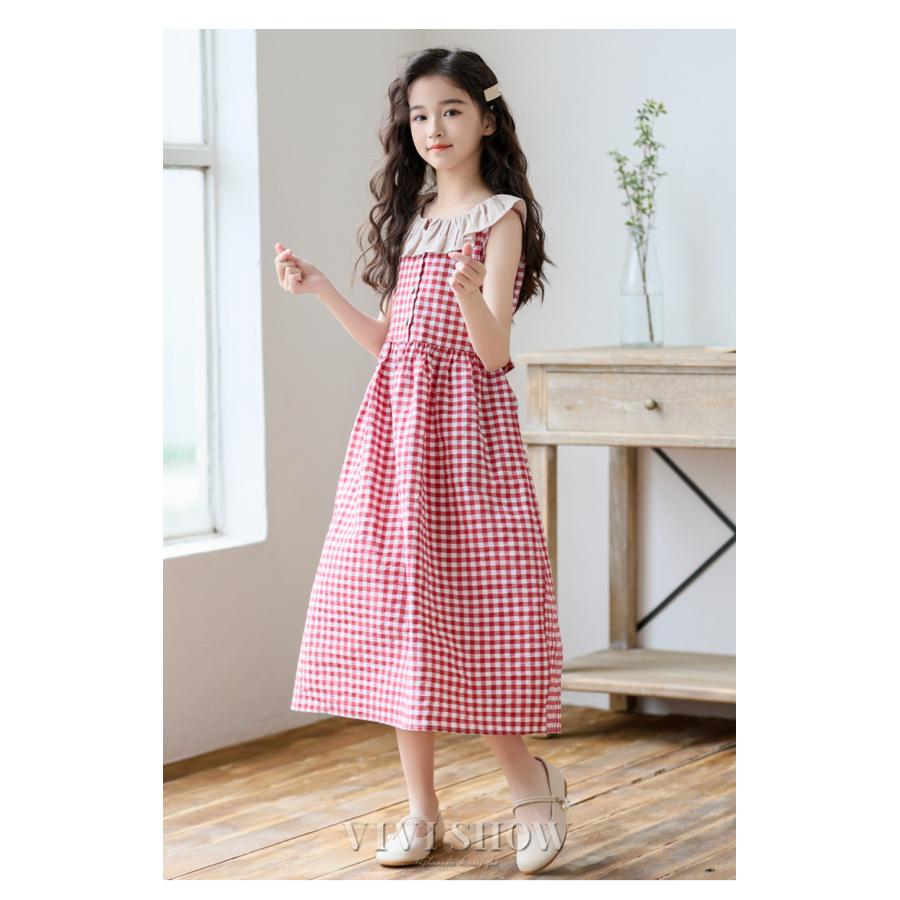 ワンピース 女の子 夏 ノースリーブ 可愛い チェック柄 カジュアル