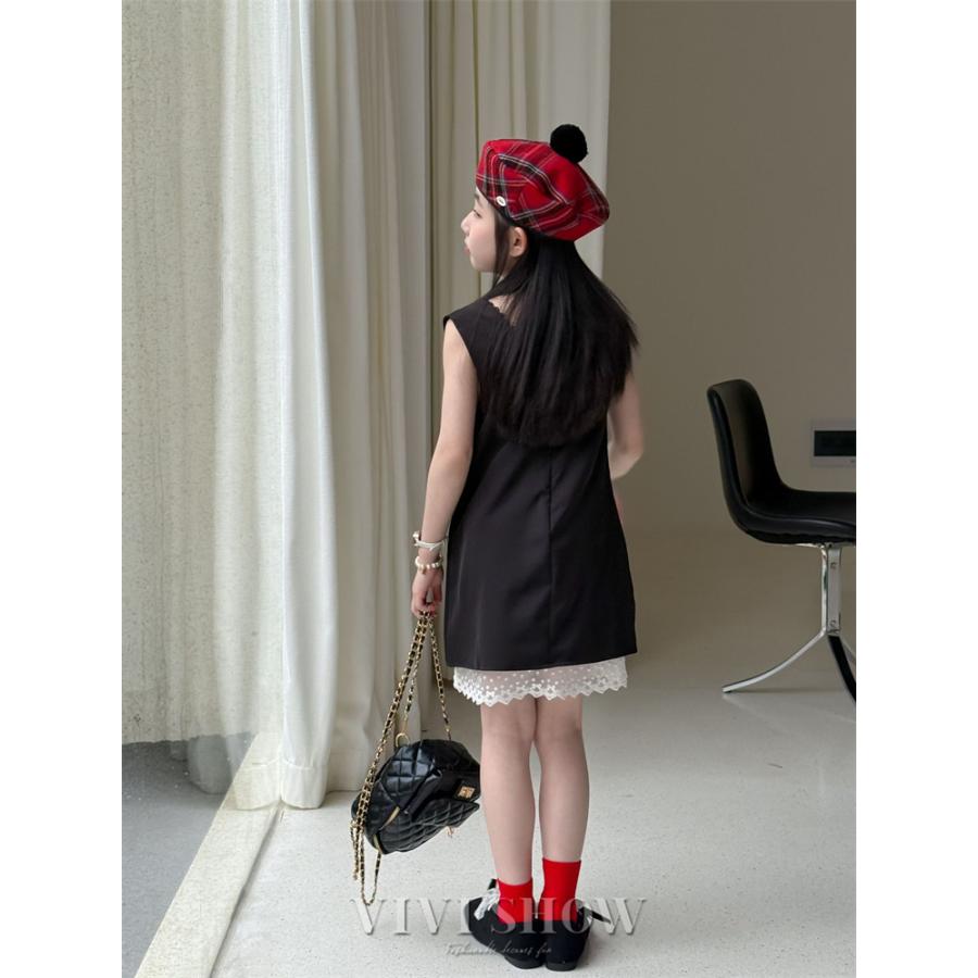 ノースリーブ ワンピース 子供服 膝丈 女の子 裾レース キッズ