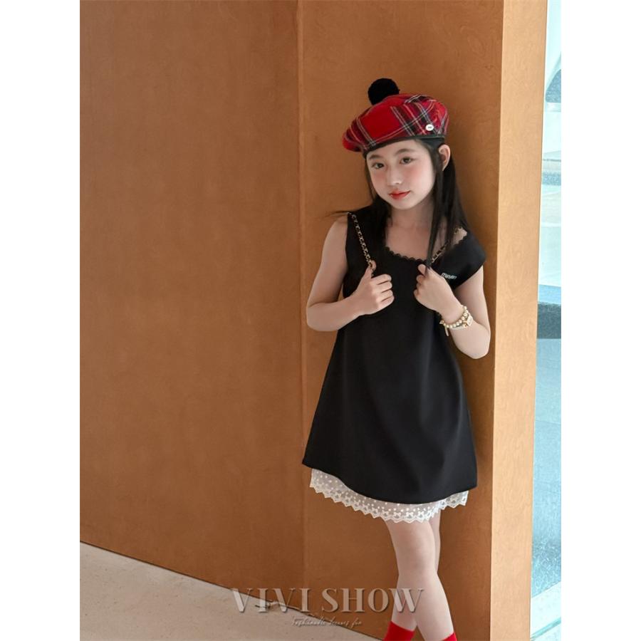 ノースリーブ ワンピース 子供服 膝丈 女の子 裾レース キッズ
