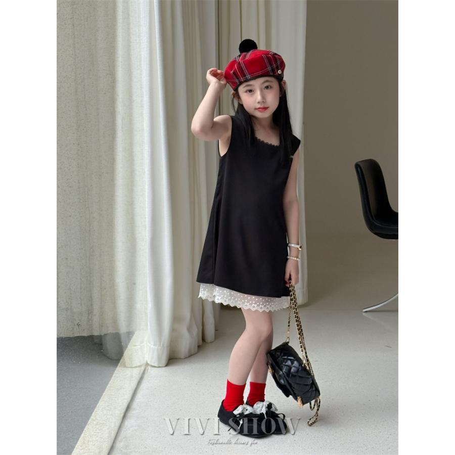 ノースリーブ ワンピース 子供服 膝丈 女の子 裾レース キッズ