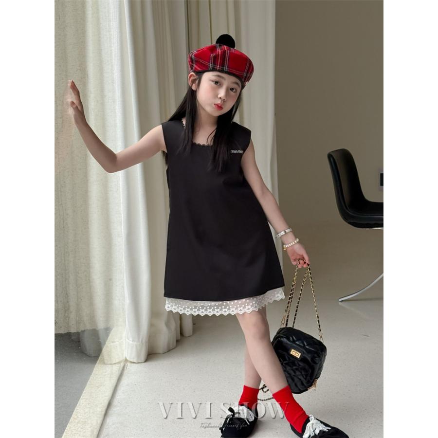 ノースリーブ ワンピース 子供服 膝丈 女の子 裾レース キッズ