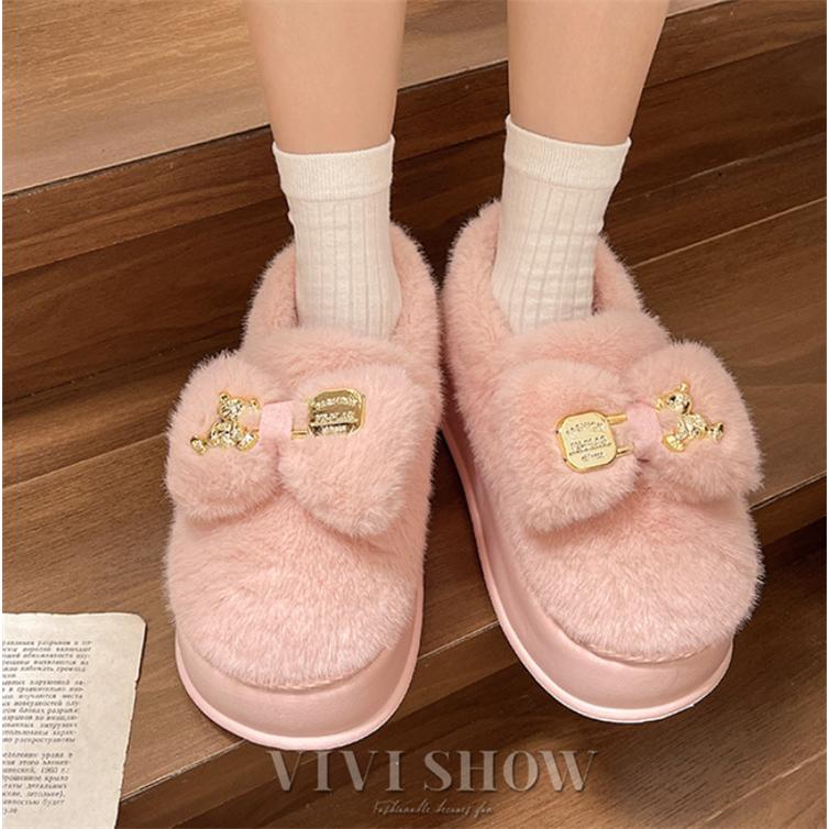 スリッパ レディース リボン付き 可愛い 厚底スリッパ あったか 暖かい