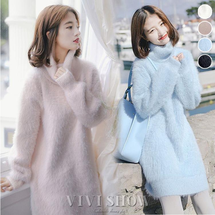 ニットワンピース タートルネック 長袖 体型カバー レディース ミニ丈