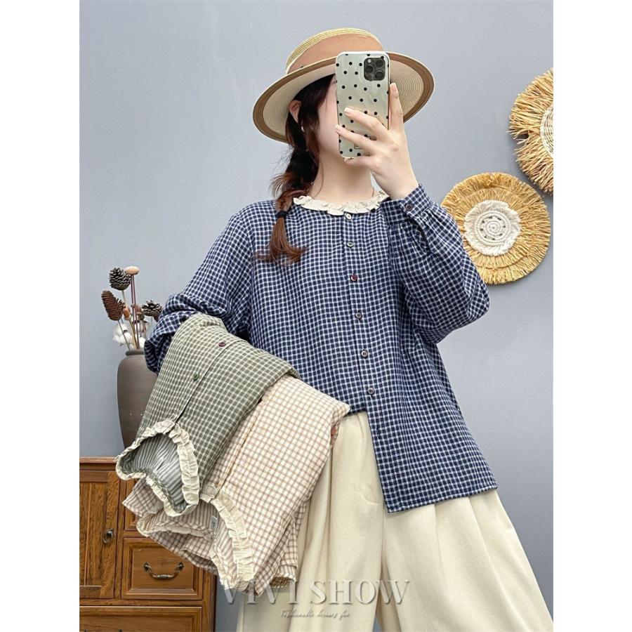 美品　チカキサダ 長袖 フリルデザイン ブラウス チェック ビームス bs009_1.jpg