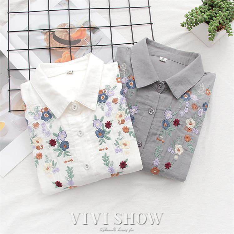 シャツ レディース ブラウス 長袖シャツ 長袖 刺繍 花柄 薄手 可愛い