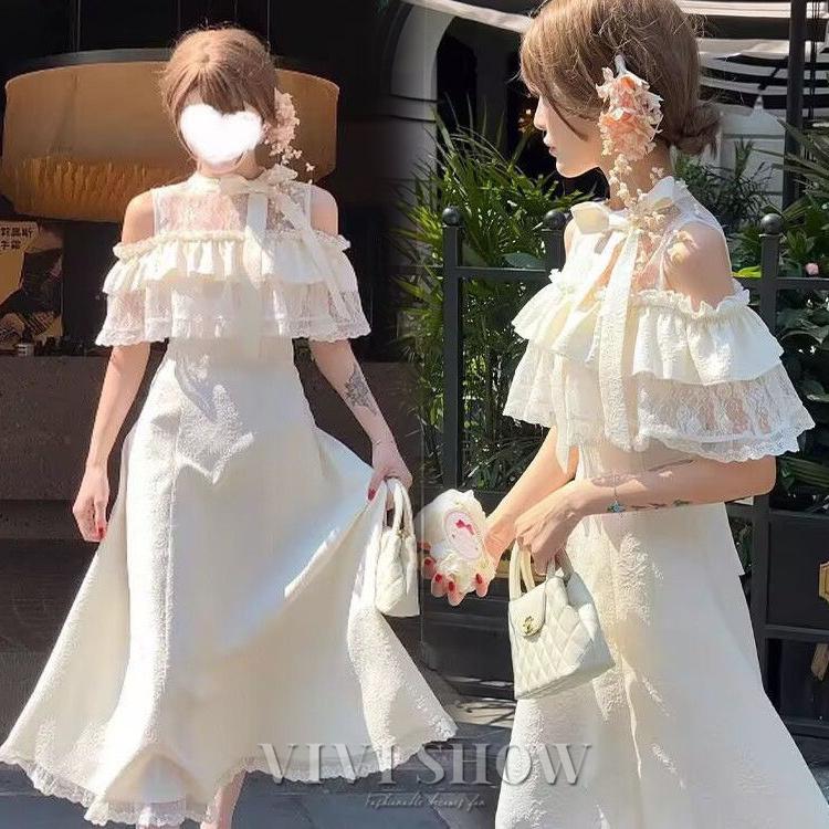 ワンピース ロング ドレス 結婚式 オフショル風 レース フレア フリル