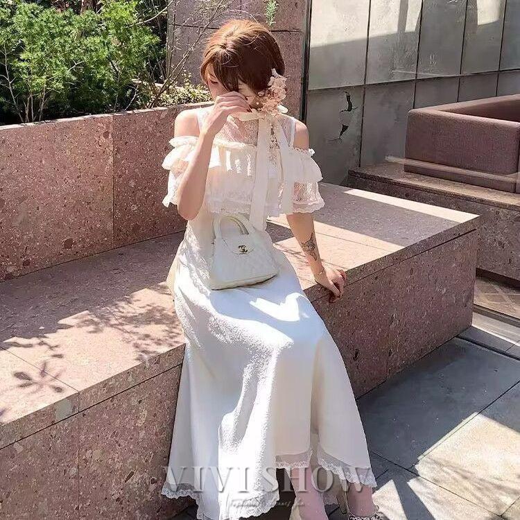 ワンピース ロング ドレス 結婚式 オフショル風 レース フレア フリル