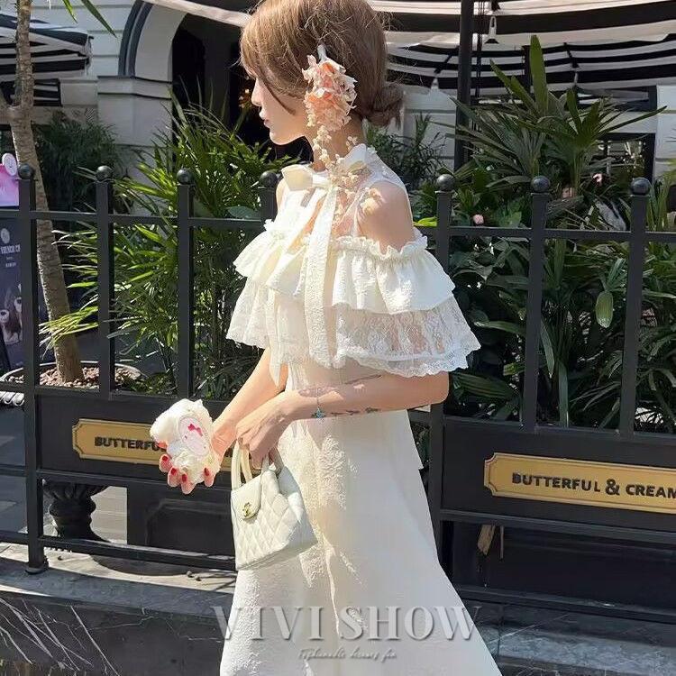 ワンピース ロング ドレス 結婚式 オフショル風 レース フレア フリル