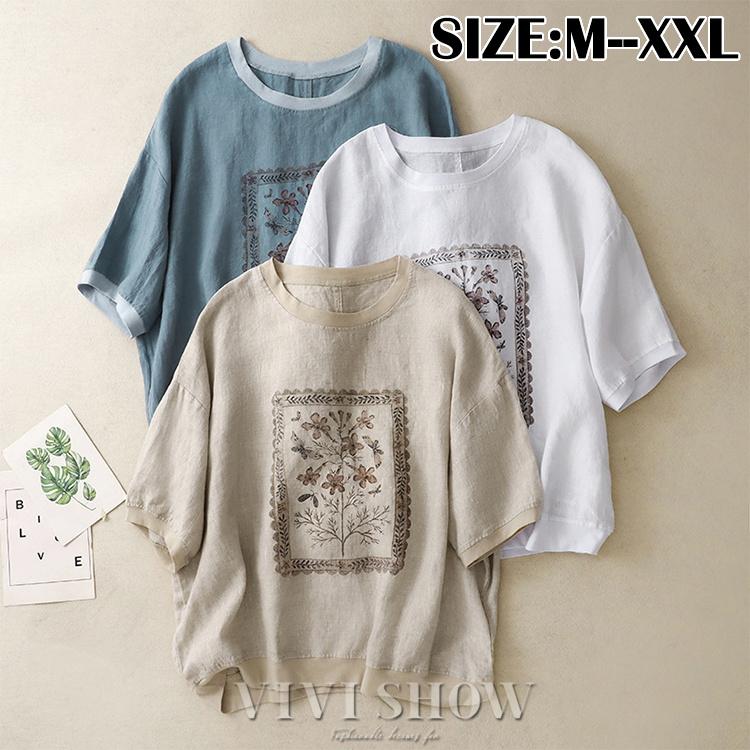 ブラウス シャツ 花柄 リネン混 レディース 5分袖 トップス Tシャツ 綿