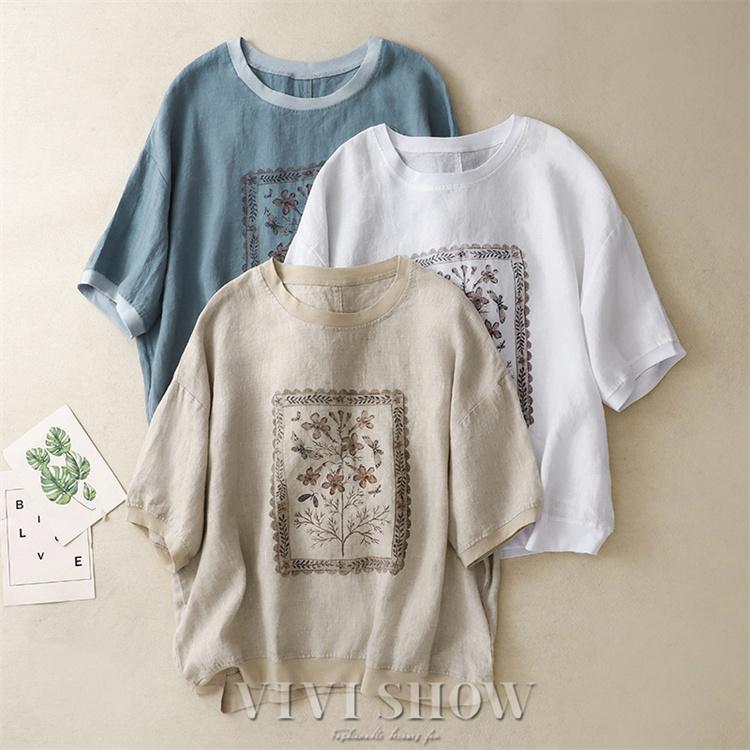 M*o様 リゼッタ　ブラウス　トップス　 花柄　半袖　シャツ　ブルーズ　リネン ブラウス シャツ 花柄 リネン混 レディース 5分袖 トップス Tシャツ 綿