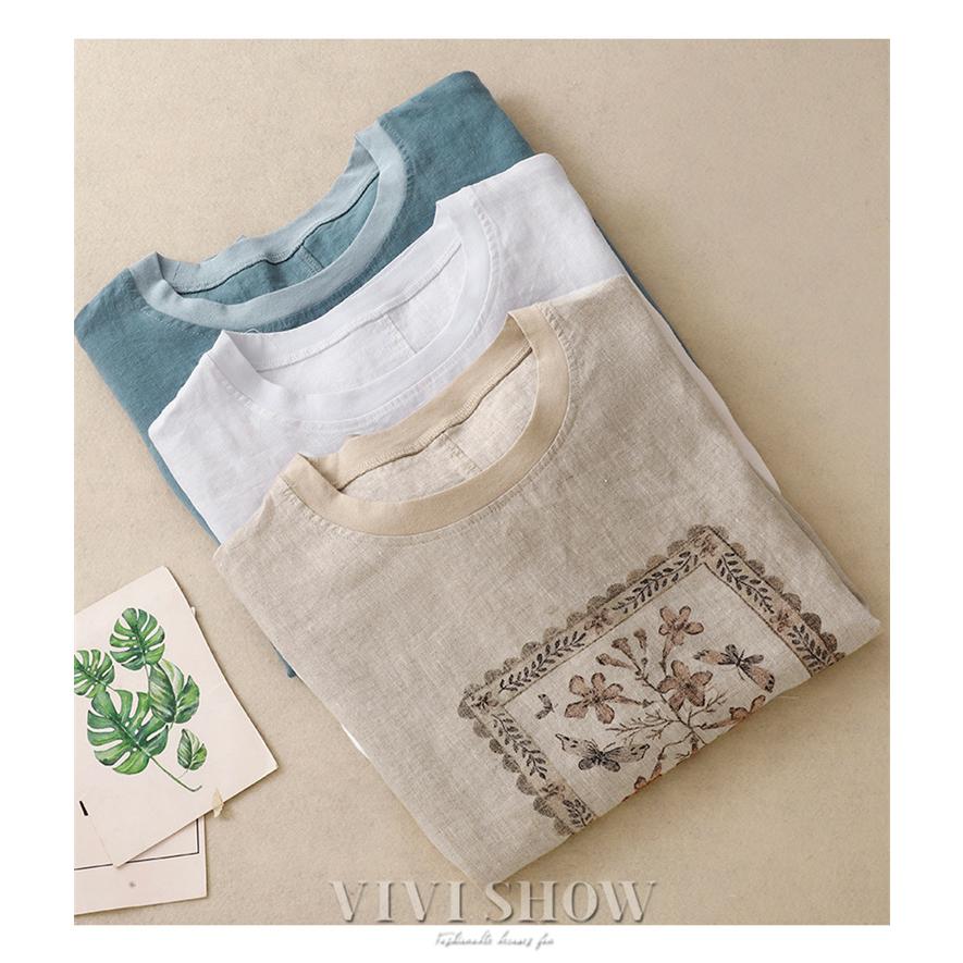 ブラウス シャツ 花柄 リネン混 レディース 5分袖 トップス Tシャツ 綿