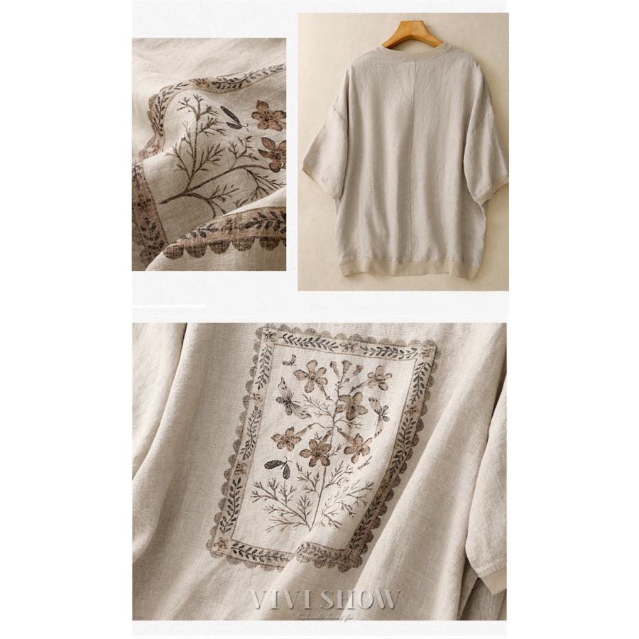ブラウス シャツ 花柄 リネン混 レディース 5分袖 トップス Tシャツ 綿