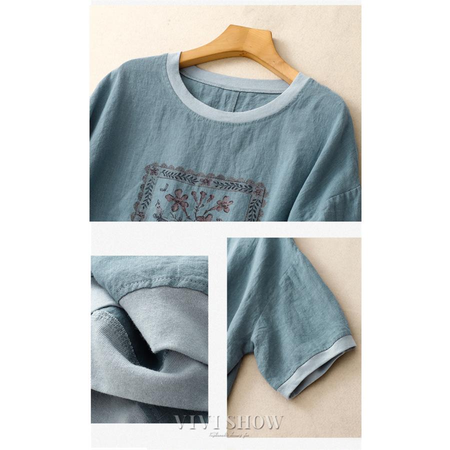 ブラウス シャツ 花柄 リネン混 レディース 5分袖 トップス Tシャツ 綿