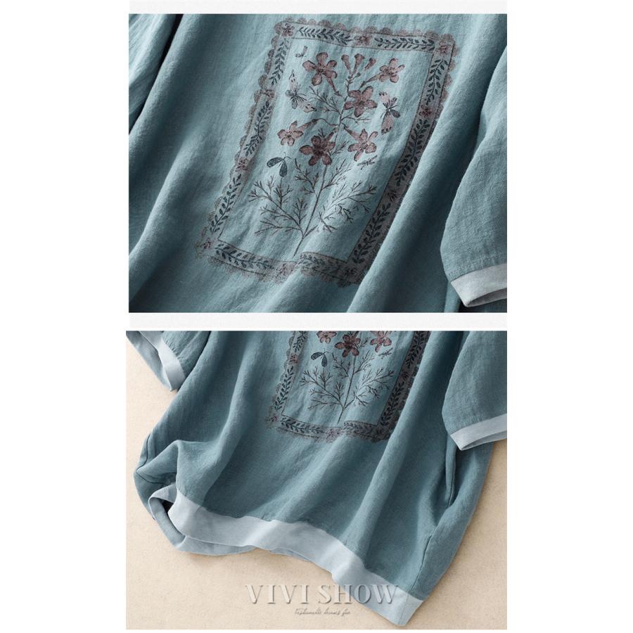 ブラウス シャツ 花柄 リネン混 レディース 5分袖 トップス Tシャツ 綿
