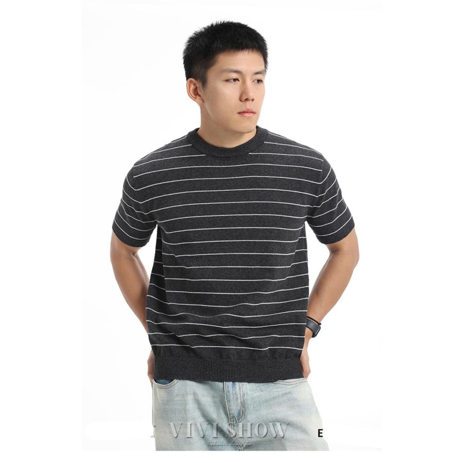 ノベルティ ブラック 半袖Tシャツ サマーニット 半袖ニット メンズ 春 夏 サマーニット ニットTシャツ ボーダー 半袖