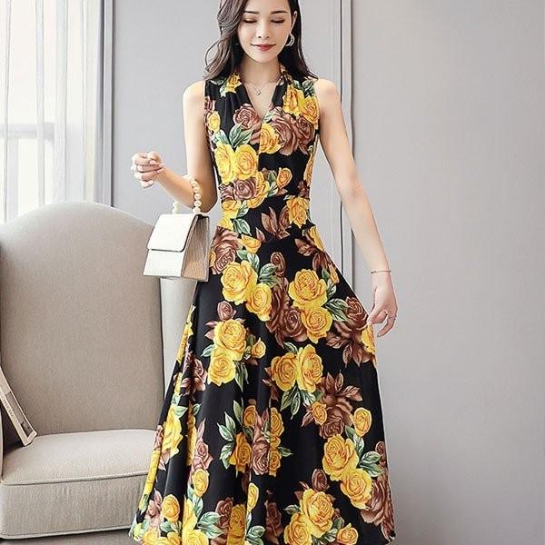 ワンピース レディース きれいめ ロング Vネック ドット Aライン 花柄