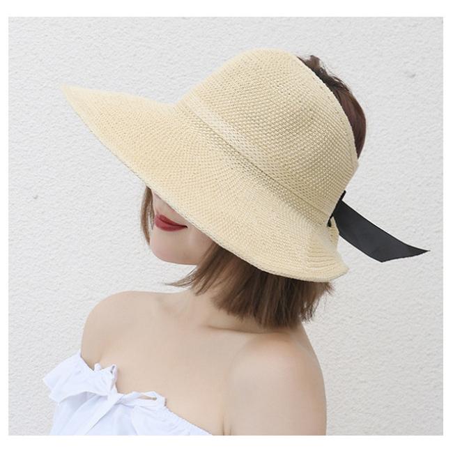 サンバイザー レディース 麦わら帽子 折りたたみ つば広 リボン