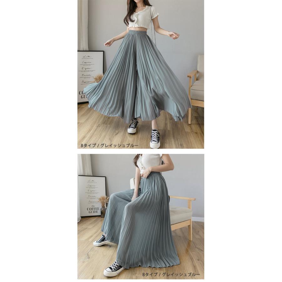 プリーツワイドパンツ レディース シフォン プリーツ ガウチョパンツ