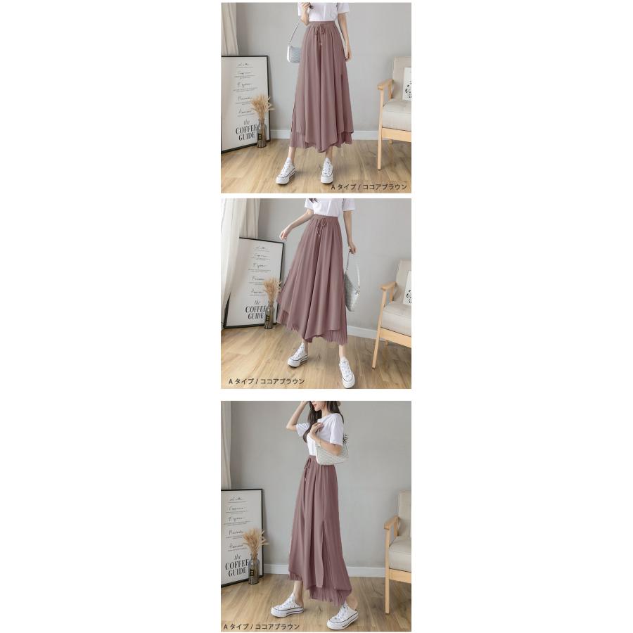 プリーツワイドパンツ レディース シフォン プリーツ ガウチョパンツ