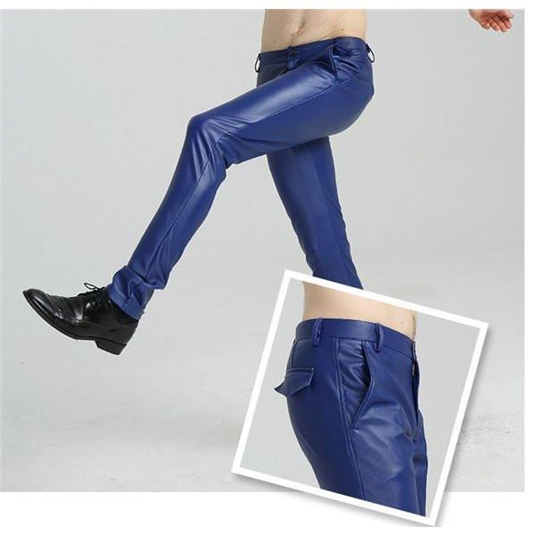 レザー パンツ 青 SALE フェイクレザーパンツ 革パンツ メンズ 男性 皮パン スキニー