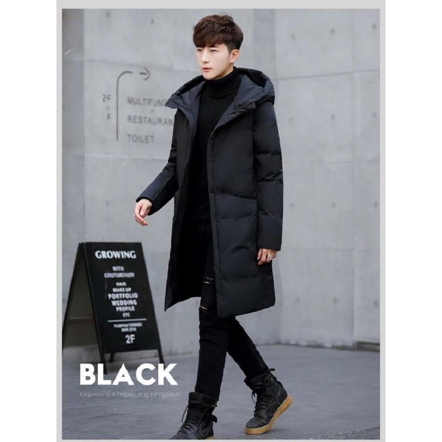 中綿コート メンズ ロング丈 スリム 帽子 ダウン風ジャケット 無地