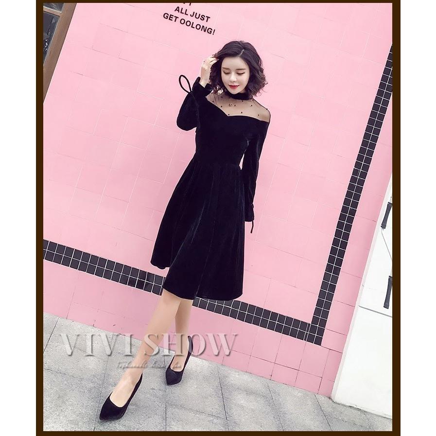 大人可愛い レディース ワンピース 膝丈 シースルードットビジュー