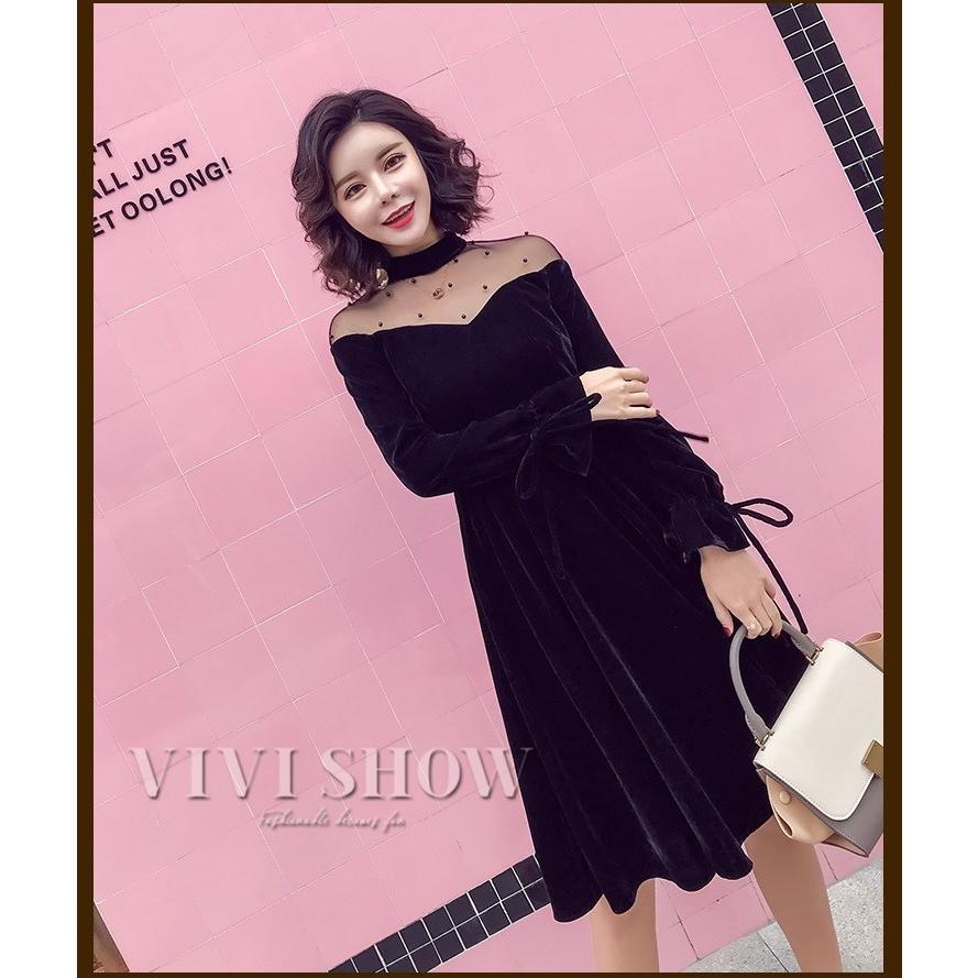 大人可愛い レディース ワンピース 膝丈 シースルードットビジュー