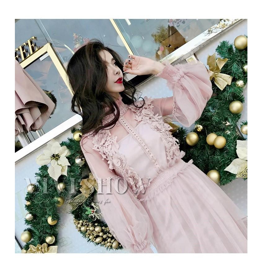 レースワンピース 膝丈 レディース 姫かわいい 花柄刺繍 長袖 レース