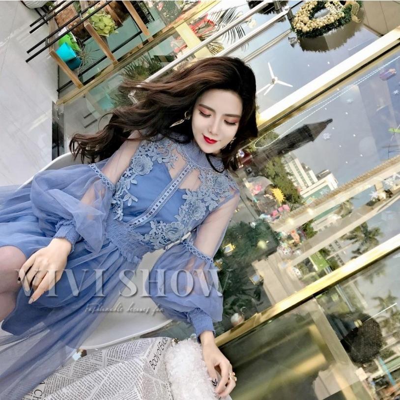 レースワンピース 膝丈 レディース 姫かわいい 花柄刺繍 長袖 レース