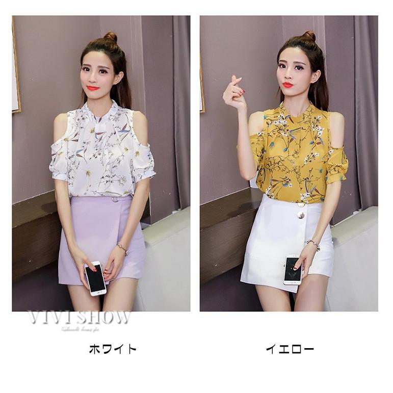 シフォンブラウス レディース 花柄 半袖 肩あき 可愛い ファッション