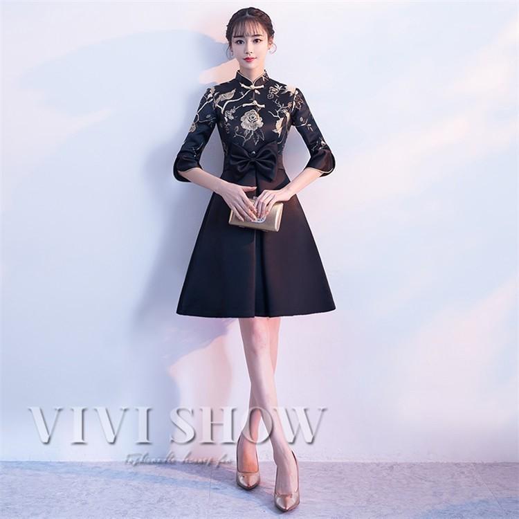 チャイナドレス風ワンピース レディース 七分袖 刺繍 膝丈 パーティー