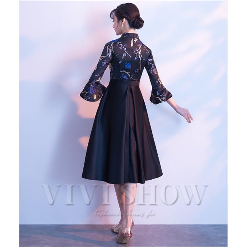 チャイナドレス風ワンピース レディース 七分袖 刺繍 膝丈 パーティー