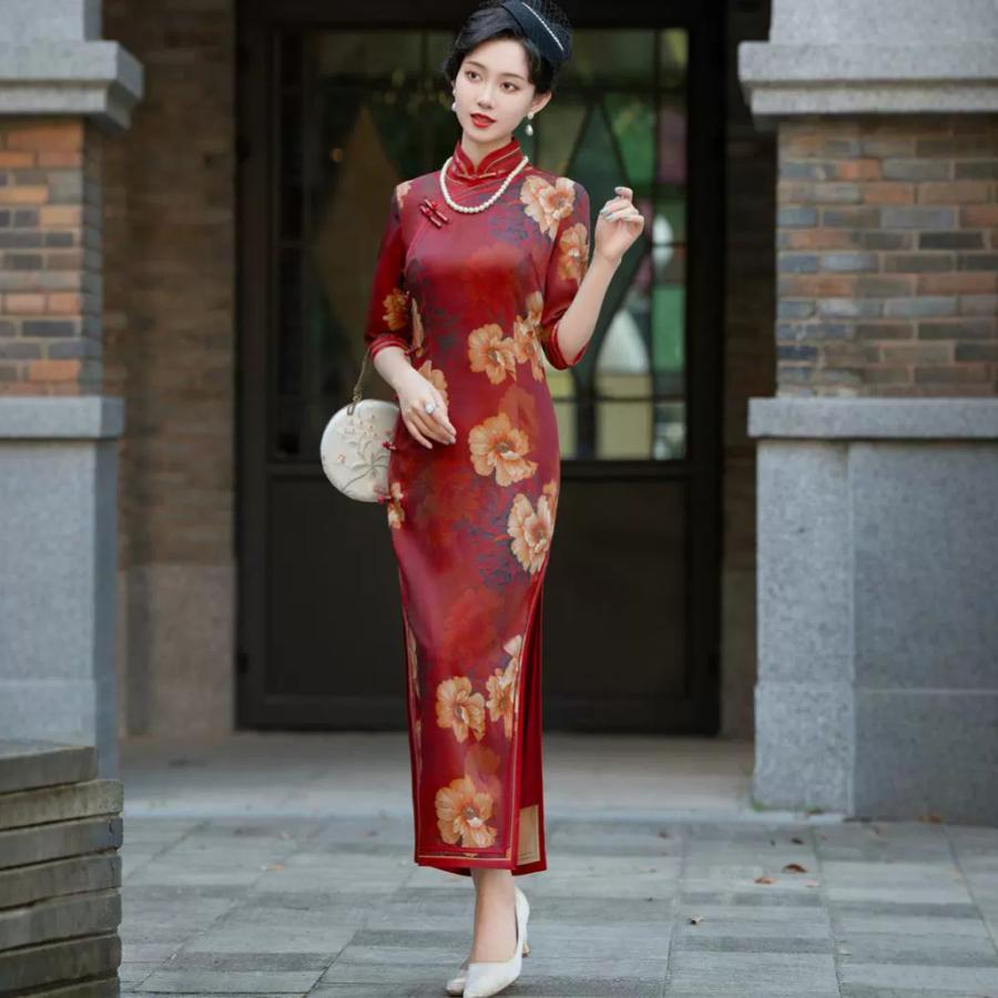 チャイナドレス ワンピース 七分袖 花柄 レディース ロング丈 スリット