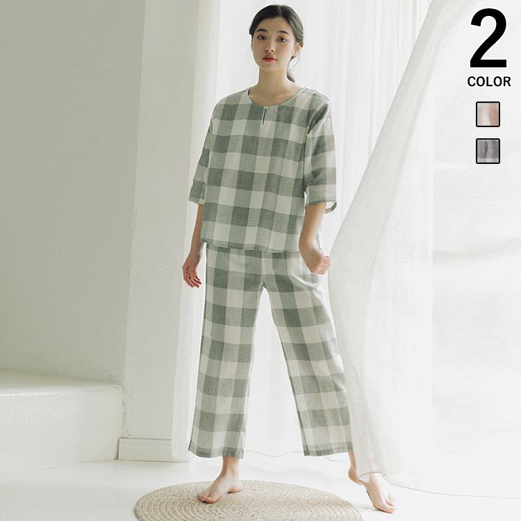 綿100 ルームウェア パジャマ レディース 2color ダブルガーゼ 二重ガーゼ 綿100 可愛い チェック ナイトウェア 5分袖7分ズボン 上下セット 部屋着 母の Xst0019 Vivishow 通販 Yahoo ショッピング