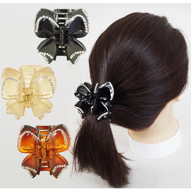 ヘアクリップ リボン レイヤー 小さめ ラインストーン付き バンス