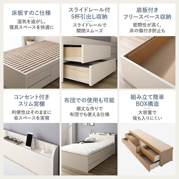 〔お客様組み立て〕 収納 ベッド 宮付き 通常丈 セミダブル 日本製薄型ポケットコイルマットレス付き ブラウン 収納付き 棚付き すのこ 日本製業務用