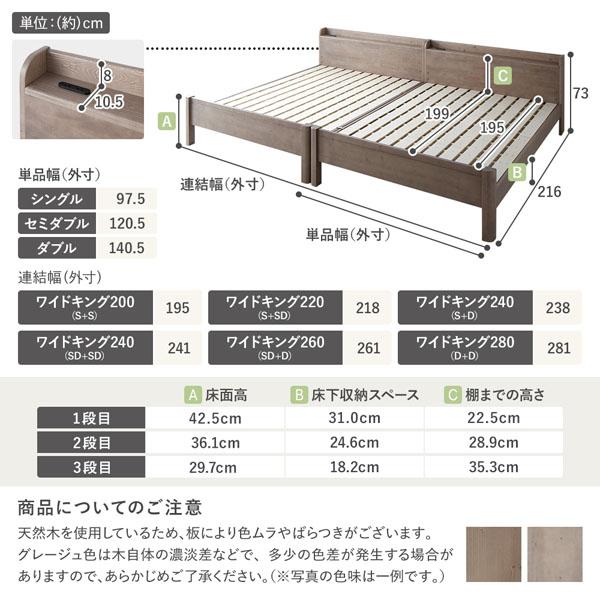 ベッド ワイドキング 220 S＋SD 国産ポケットコイルマットレス付 レギュラー ナチュラル 連結 頑丈 すのこ 宮付 高さ調整 木製爆買_15