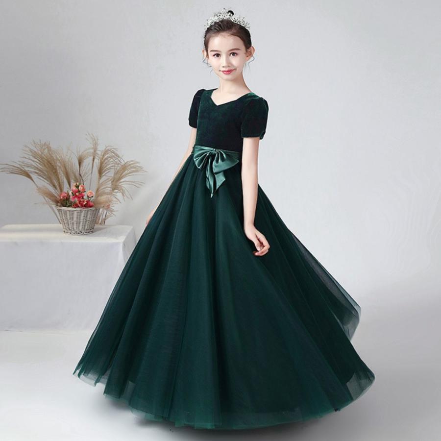 RerCu 子供ドレス 発表会 ドレス ネイビー ジュニア 女の子 ロング