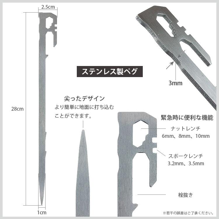 ペグ ステンレススチール 6本セット 28cm 薄型ペグ カラビナ付属 高