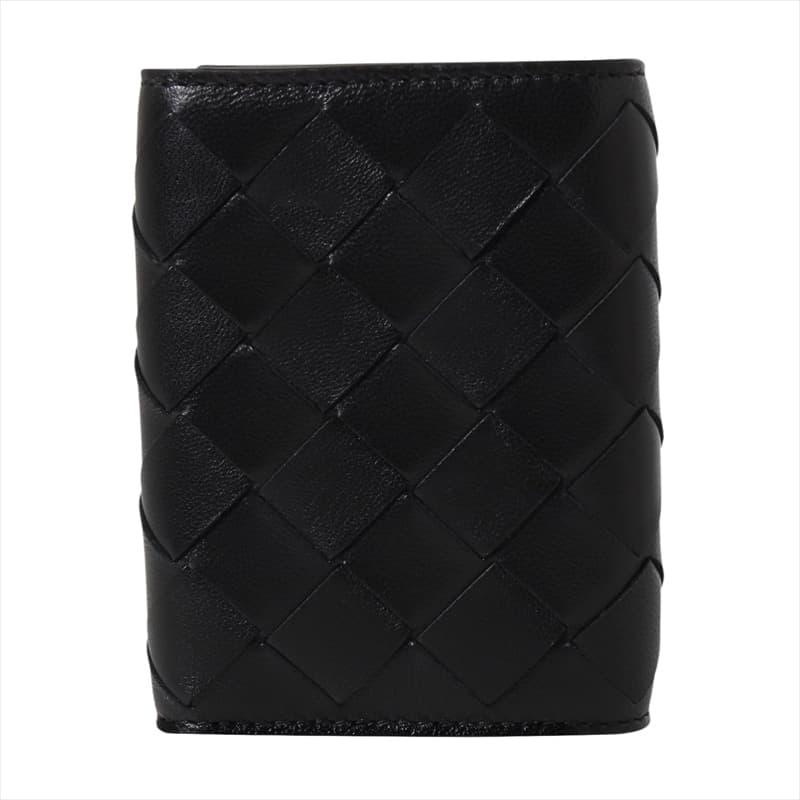 BOTTEGA VENETA ブラックレザー三つ折り財布 編み込みデザイン ボッテガヴェネタ 三つ折り財布 メンズ＆レディース レザー
