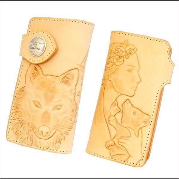 長財布 バイカーズウォレット オオカミと女性のカービング 革 牛革 本 