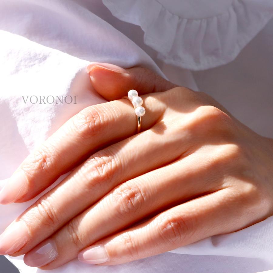 K10 アコヤ真珠 ヨコ 3連 リング 指輪 ベビーパール 約4mm - 約4.5mm