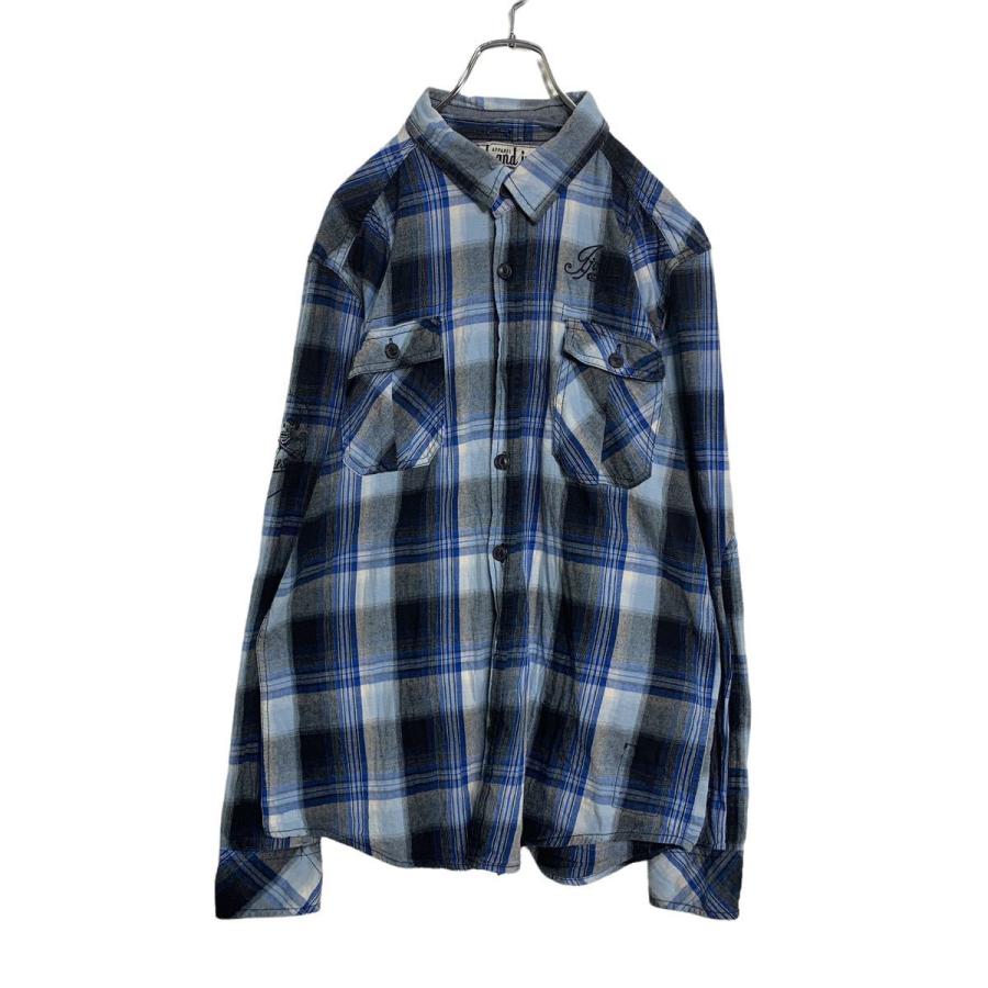 jack and jones 長袖 チェックシャツ XL ブルー系 2ポケット ジャックアンドジョーンズ 刺繍ロゴ チェック柄 古着卸