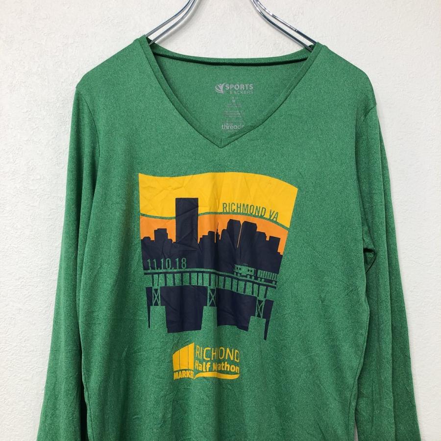 SPORTS BACKERS 長袖 プリント Tシャツ M グリーン ブラック オレンジ スポーツバッカー Vネック スポーツ 古着卸