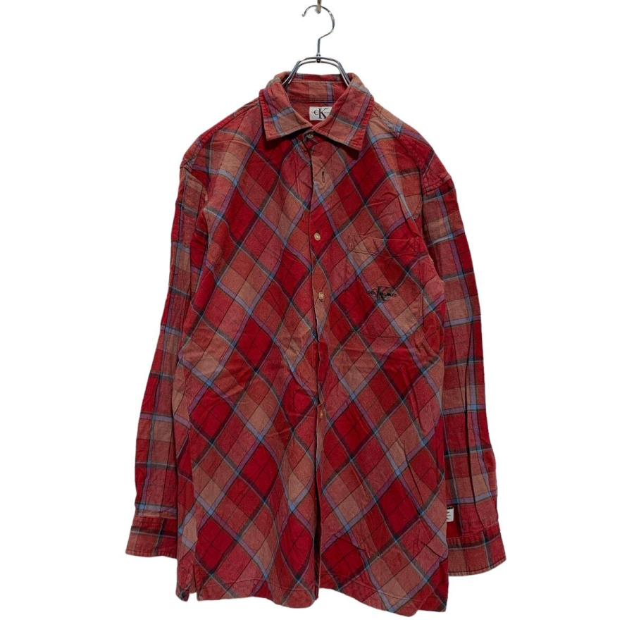 Calvin Klein 長袖 チェック ネルシャツ M レッド ピンクベージュ