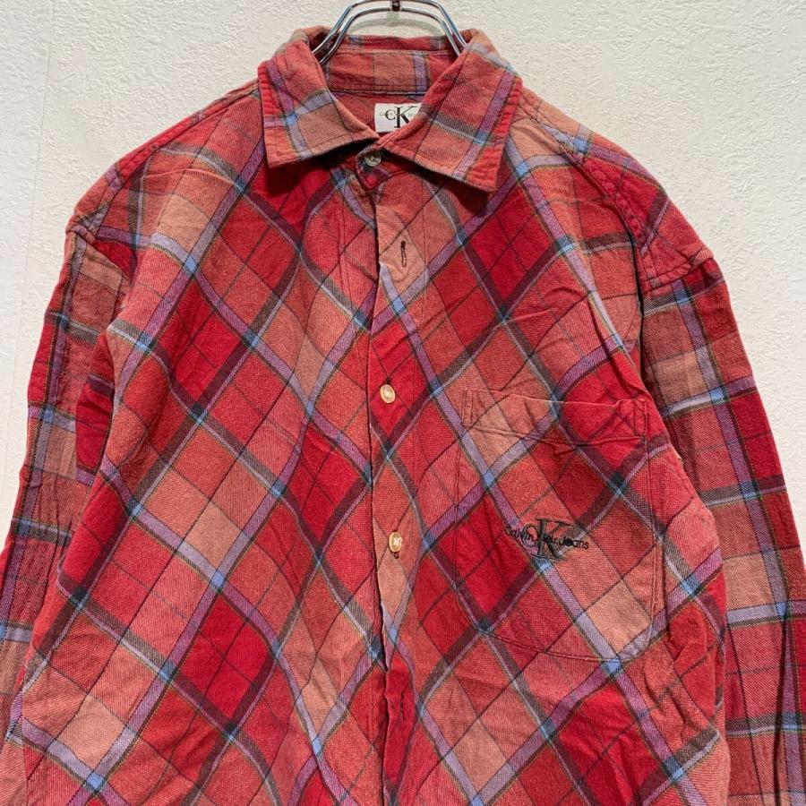 Calvin Klein 長袖 チェック ネルシャツ M レッド ピンクベージュ 