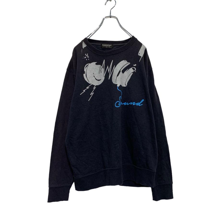 COMMONTAGE プリントスウェット トレーナー L ブラック 裏起毛 古着卸 